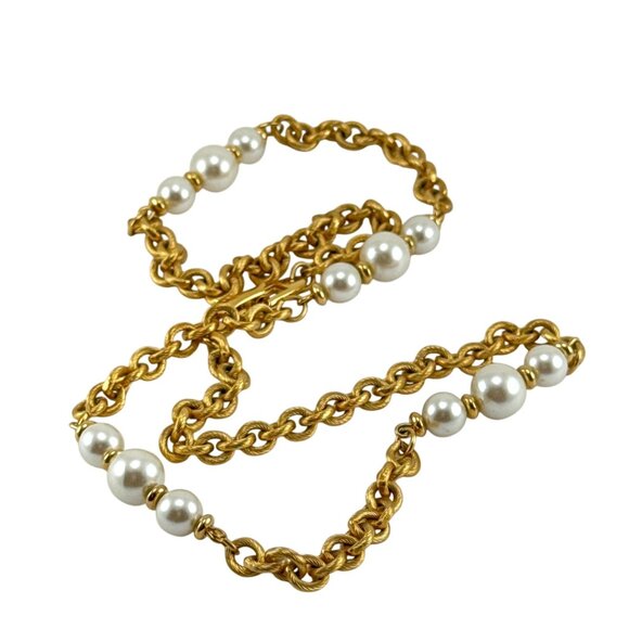 Vintage Napier Gold Tone Rope Chain Necklace with Faux Pearls 1980s Signed - Picture 6 of 8